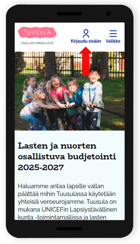Kirjautumislinkki mobiililaitteilla ruudun oikeassa yläkulmassa