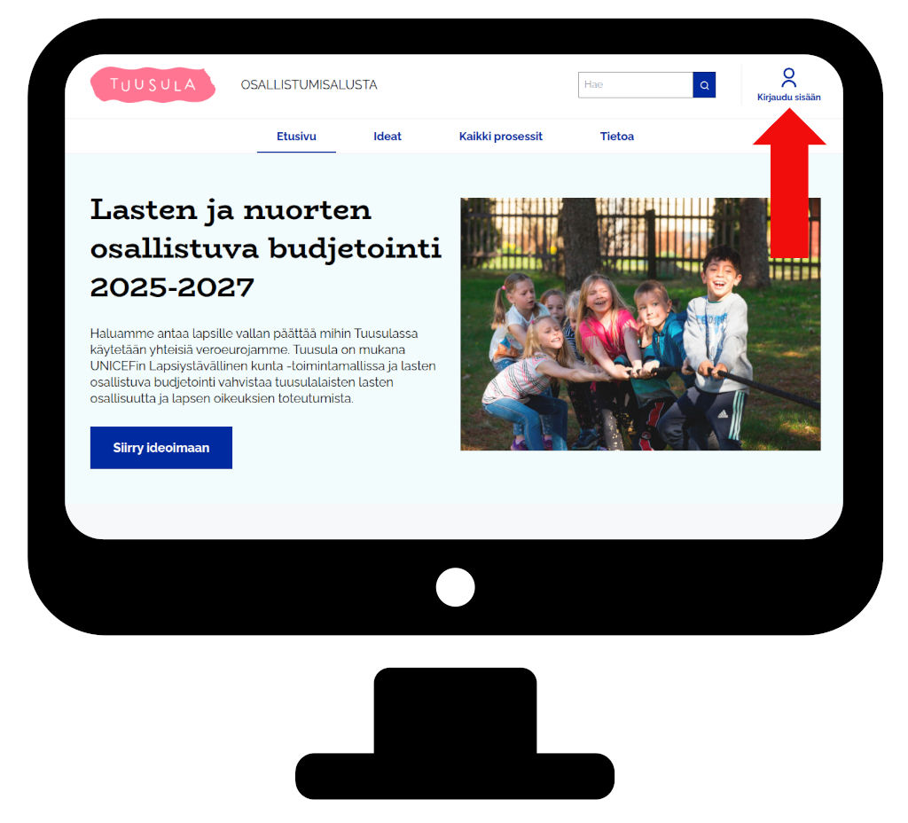 Kirjautumislinkki tietokoneella ruudun oikeassa yläkulmassa