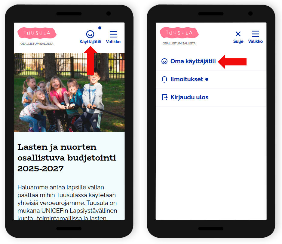 Oma käyttäjätili -linkki mobiililaitteilla