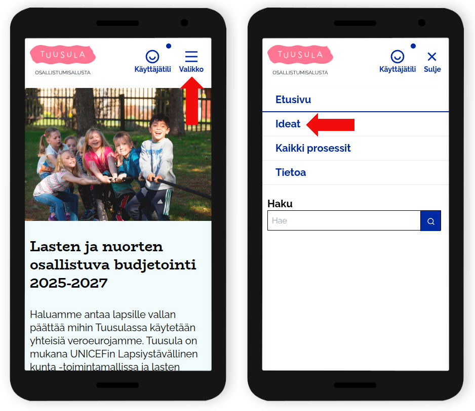 Valikko-painike mobiililaitteilla ja Ideat-linkki valikossa