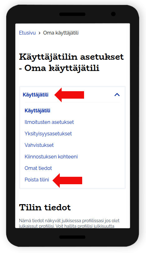 Poista tilini -linkki mobiililaitteilla