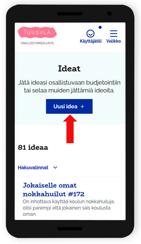 Uusi idea -painike mobiililaitteilla