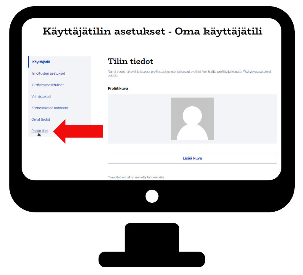 Poista tilini -linkki tietokoneella