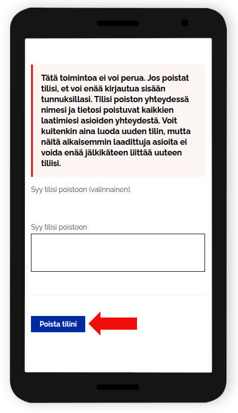 Poista tilini -painike mobiililaitteilla