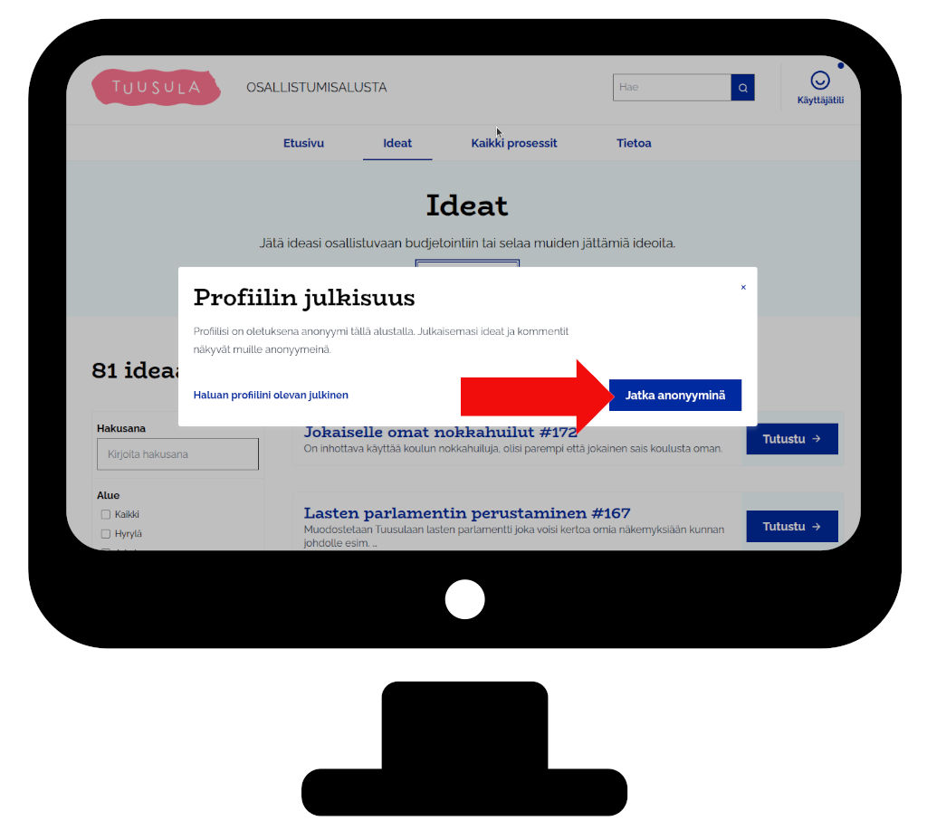 Jatka anonyyminä -painike tietokoneella