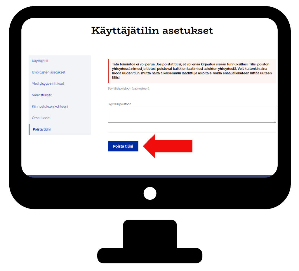 Poista tilini -painike tietokoneella