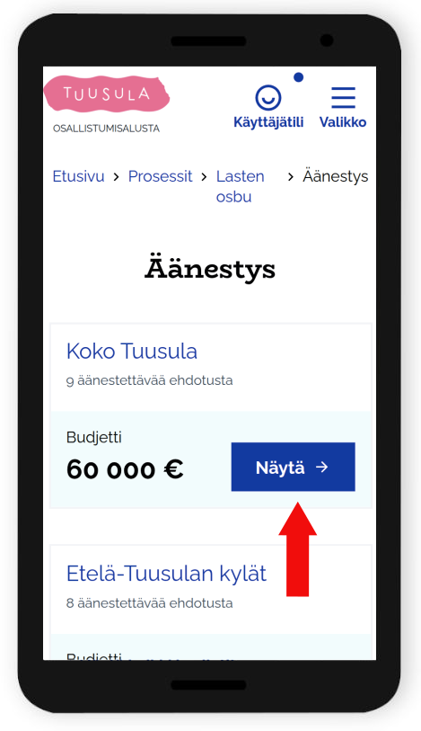 Näytä-painike äänestettävän alueen kortissa mobiililla