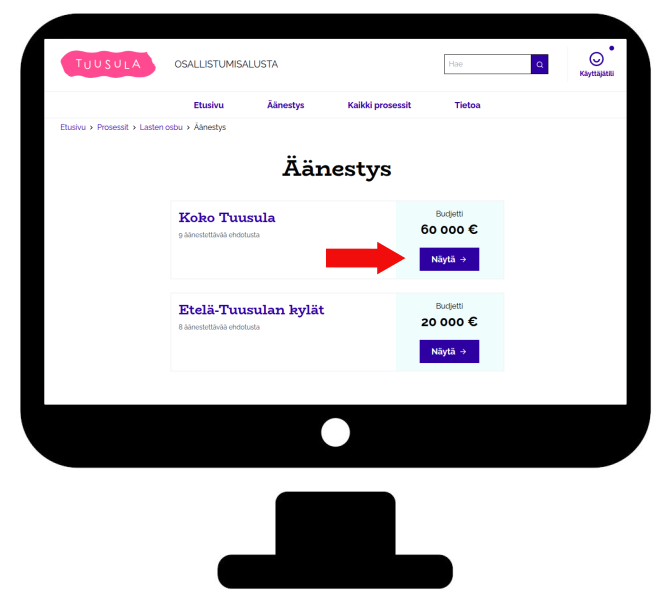 Näytä-painike äänestettävän alueen kortissa tietokoneella