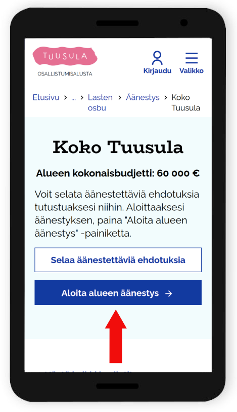 Aloita alueen äänestys -painike alueen sivulla mobiililla