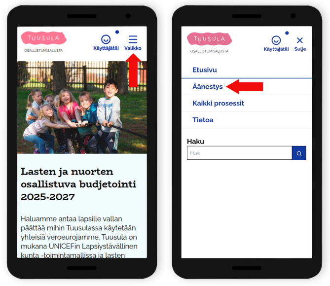 Valikko-painike mobiililaitteilla ja Äänestys-linkki valikossa