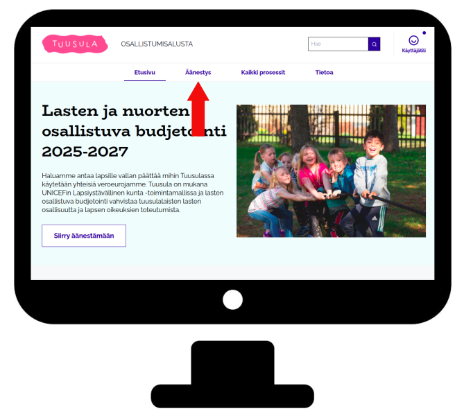 Äänestys-linkki tietokoneella päävalikossa