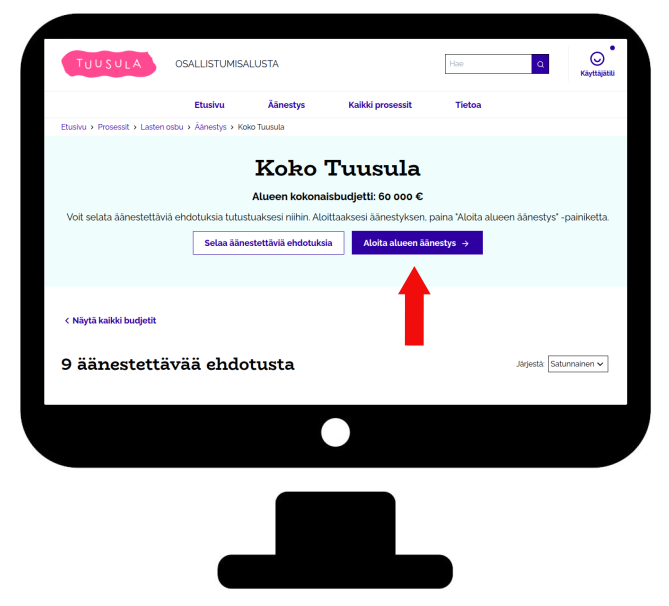 Aloita alueen äänestys -painike alueen sivulla tietokoneella