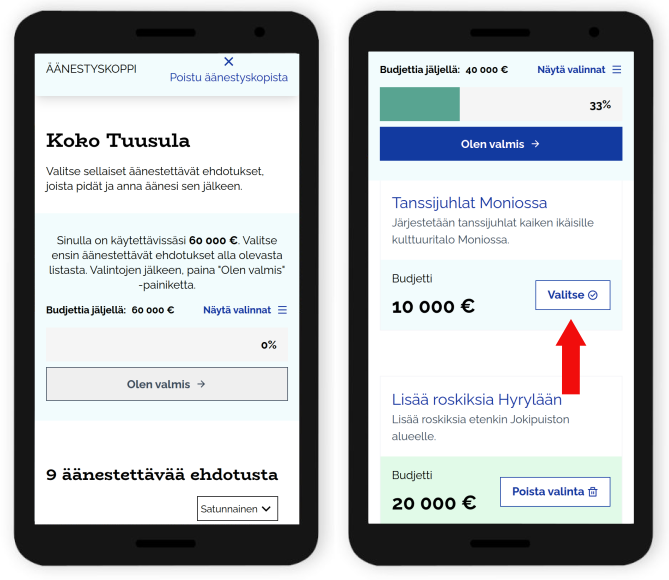 Äänestyskoppi-näkymä mobiililla