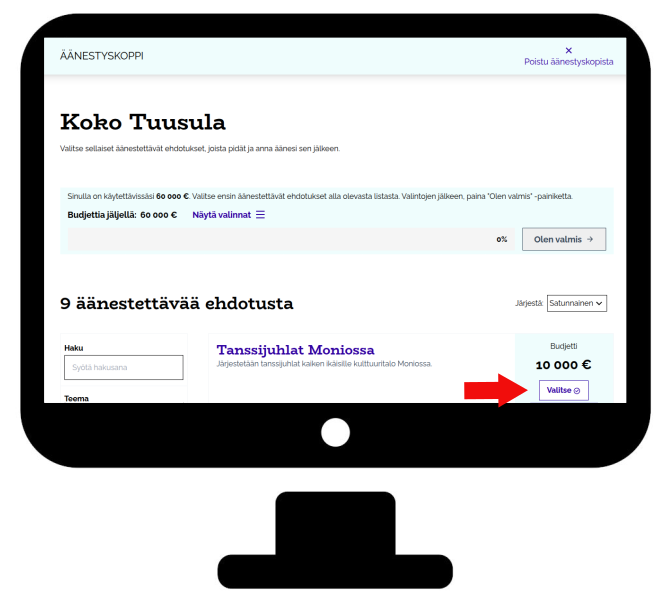 Äänestyskoppi-näkymä tietokoneella