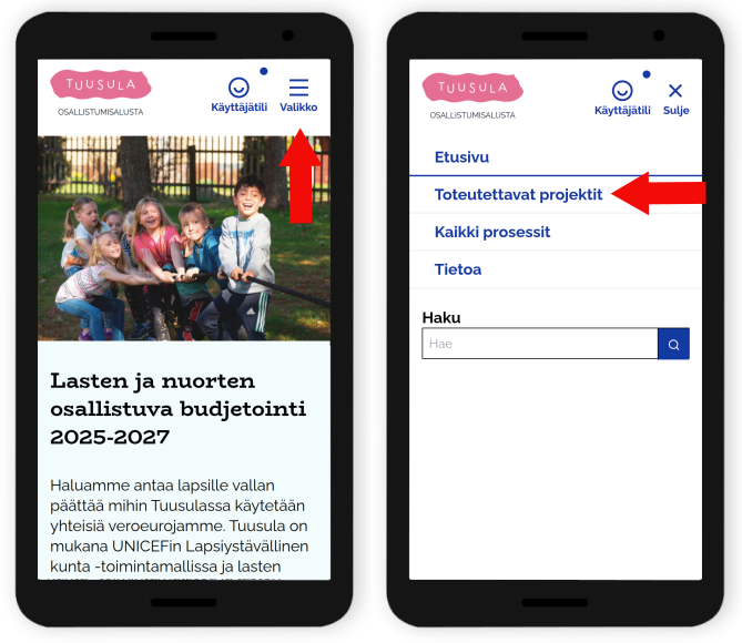 Toteutettavat projektit -linkki mobiililaitteilla