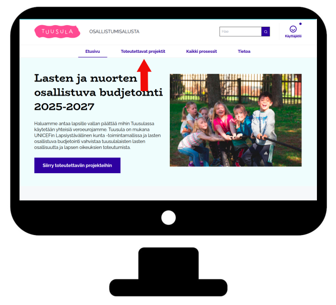 Toteutettavat projektit -linkki tietokoneella