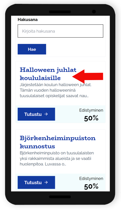 Kommentoitavan asian valinta mobiililaitteilla