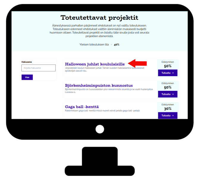 Kommentoitavan asian valinta tietokoneella