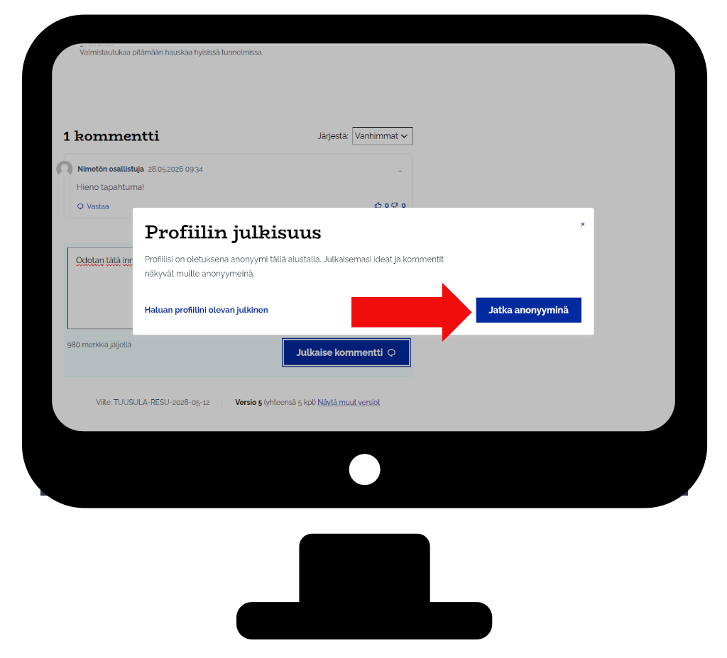 Jatka anonyyminä -painike tietokoneella