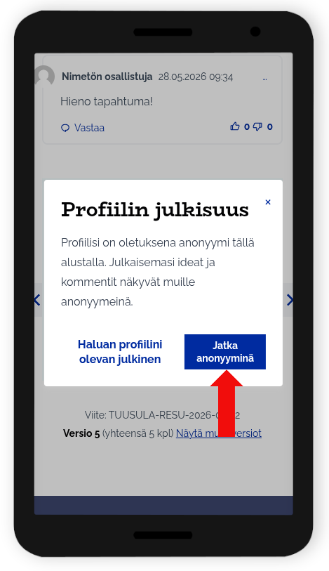 Jatka anonyyminä -painike mobiililaitteilla